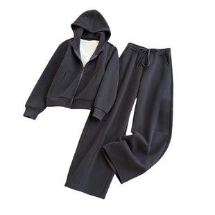 韩版加绒加厚双拉链连帽卫衣休闲运动套装女秋冬阔腿弯刀裤三件套