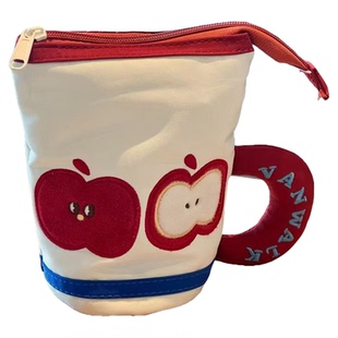 可爱红苹果笔袋桌面可立文具盒笔筒大容量学生高颜值文具袋收纳包