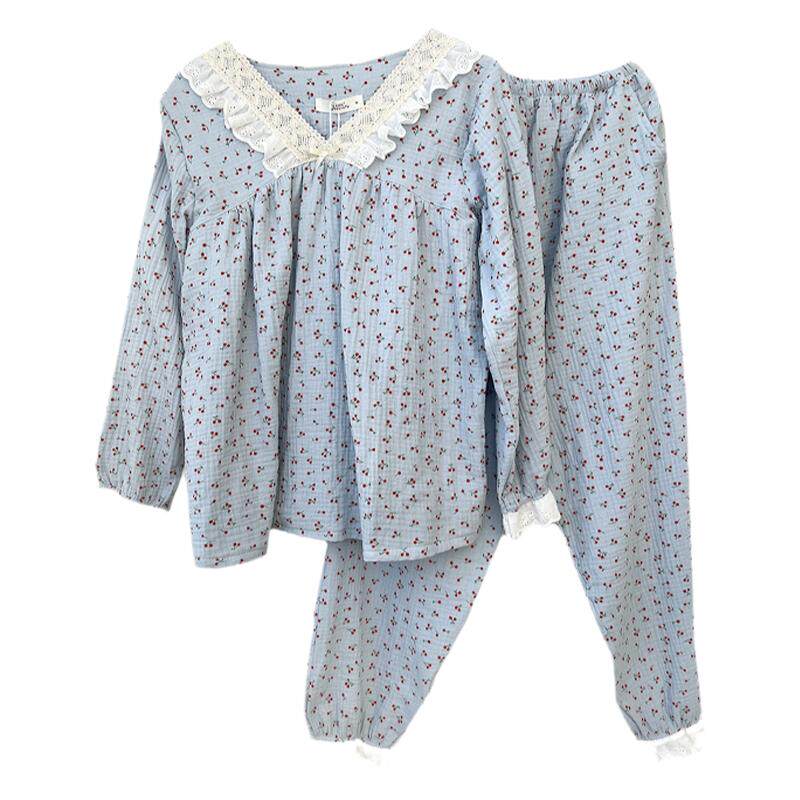 日系睡衣女生款秋季套头新款纯棉长袖家居服两件套装棉纱蕾丝樱桃