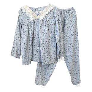 日系睡衣女生款秋季套头新款纯棉长袖家居服两件套装棉纱蕾丝樱桃