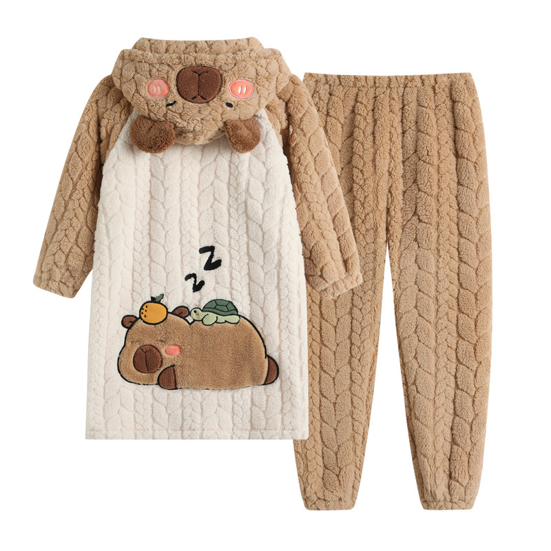 儿童睡衣高端法兰绒卡通卡皮巴拉冬天加厚长款睡袍小男孩珊瑚毛绒