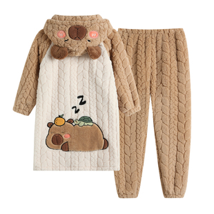 儿童睡衣高端法兰绒卡通卡皮巴拉冬天加厚长款睡袍小男孩珊瑚毛绒