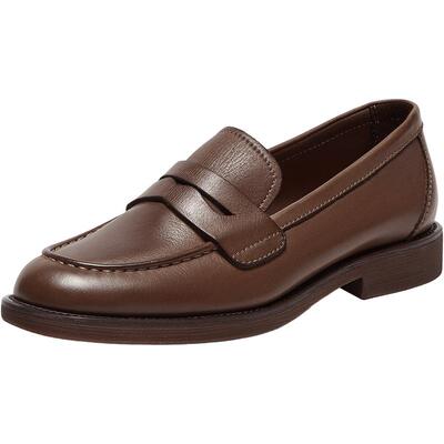 Bata乐福鞋女秋商场新款牛皮英伦风复古粗跟一脚蹬ATA30CA5