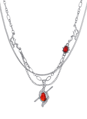 恋与深空红色穿心项链叠戴锁骨链