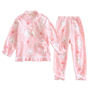 儿童法兰绒秋冬加厚加绒女童睡衣套宝宝珊瑚绒母女款家居服亲子装