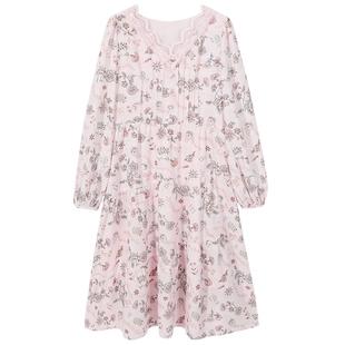 爱居兔长袖连衣裙女春甜美满印V领收腰淑女连衣裙裙子女