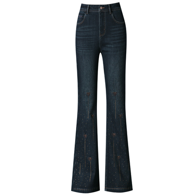 烫钻刺绣微喇叭牛仔加绒加厚裤女