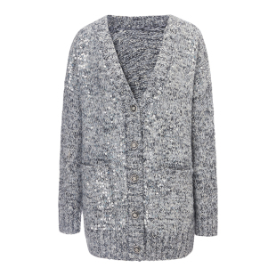 EVAOUXIU精纺羊毛针织时髦老钱风重工艺术亮片中长款开衫毛衣外套