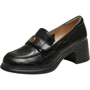 TATA他她粗跟英伦乐福鞋女鞋浅口高跟单鞋2025新款皮鞋7A524AA5