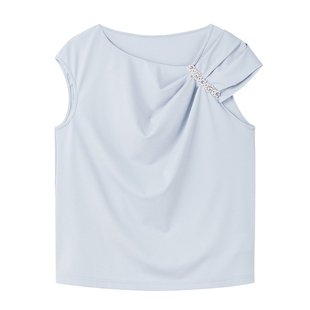 MISS COCOON可可尼设计感知性蓝色斜肩上衣2025夏季新款短袖女t恤