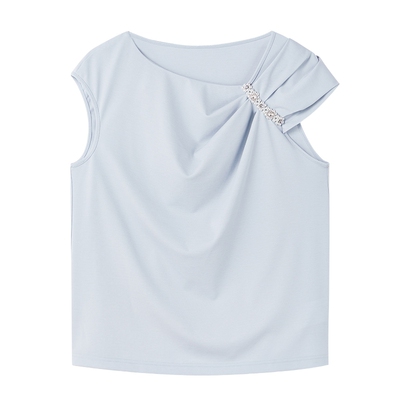 MISS COCOON可可尼设计感知性蓝色斜肩上衣2025夏季新款短袖女t恤