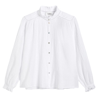 bash长袖极简花边领白色衬衫