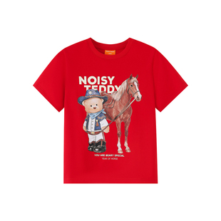 NOISY TEDDY26年春夏马年限定甜酷儿童圆领套头红色短袖T恤衫百搭