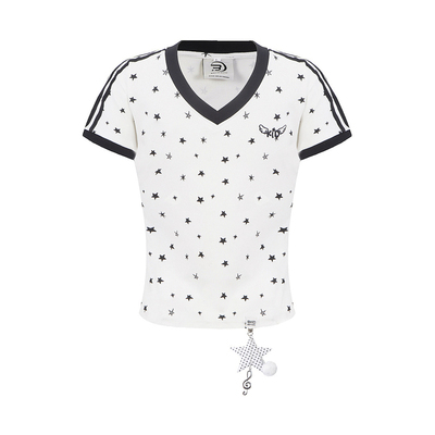 文文不乖辣妹星星V领短袖T恤