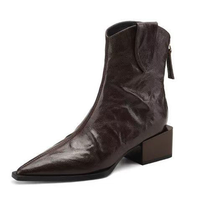 尖头短靴女2024新款春秋单靴子复古V口瘦瘦靴设计感粗跟马丁靴女