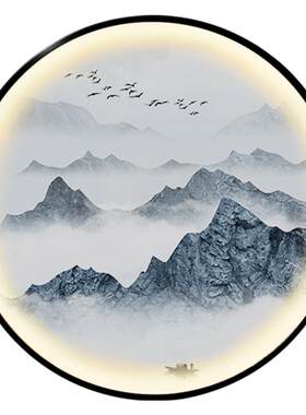 发光双联重叠新中式风客厅装饰画
