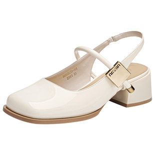 戈美其玛丽珍女鞋夏季新款空鞋方头中跟一字带单鞋包头凉鞋女