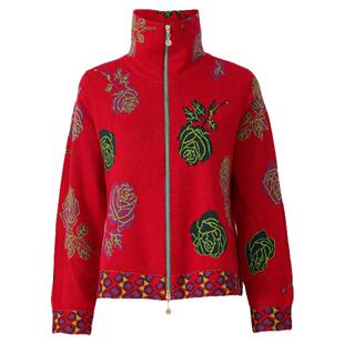 阁兰秀含羊毛红色提花针织开衫拉链设计感短款秋冬时髦小外套女装