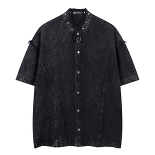 出前一町夏季新款复古磨毛衬衫男女同款铆钉设计宽松短袖牛仔上衣