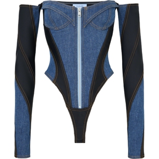 【折扣】MUGLER/穆格勒 女士露肩牛仔布拼接弹力平纹布连体衣