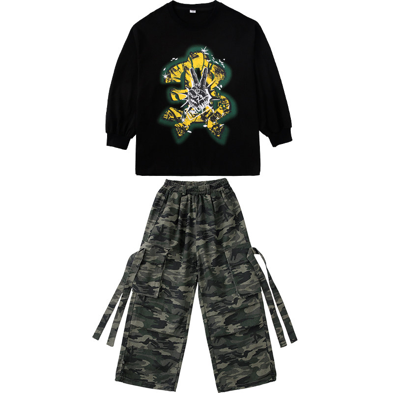街舞儿童嘻哈演出服男女童宽松T恤迷彩裤hiphop练功服爵士舞潮服