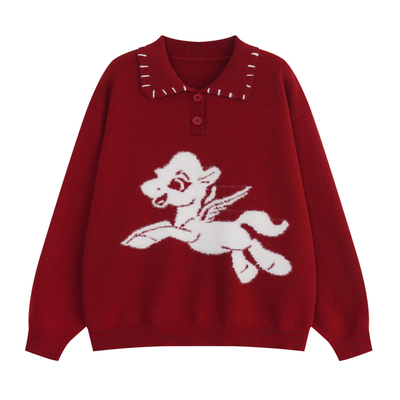 YUZI新年红毛衣飞马刺绣提花大码