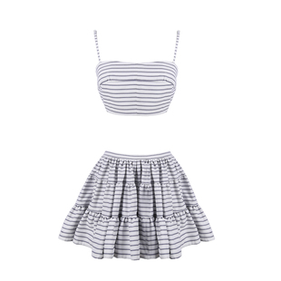 DeesseSicile航海系海军风条纹度假套装背心吊带甜心立体蓬蓬裙女