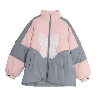 西町村屋羽绒服女冬新款双色拼接蕾丝蝴蝶结中长款外搭AD8205019