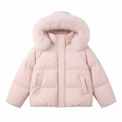 韩系嫩粉色连帽大毛领棉服外套女