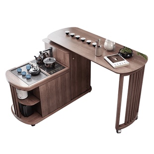 现代简约实木茶车可旋转折叠移动泡茶桌乌金石家用阳台功夫小茶台