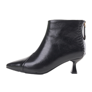 嘉俪多女鞋韩版短靴羊皮细中跟秋冬皮里后拉链尖头2025新款时尚