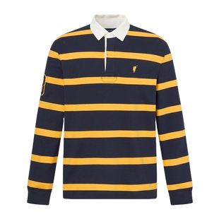 【100%棉】POLOWALK男式长袖T恤2025秋季新品翻领条纹上衣男装