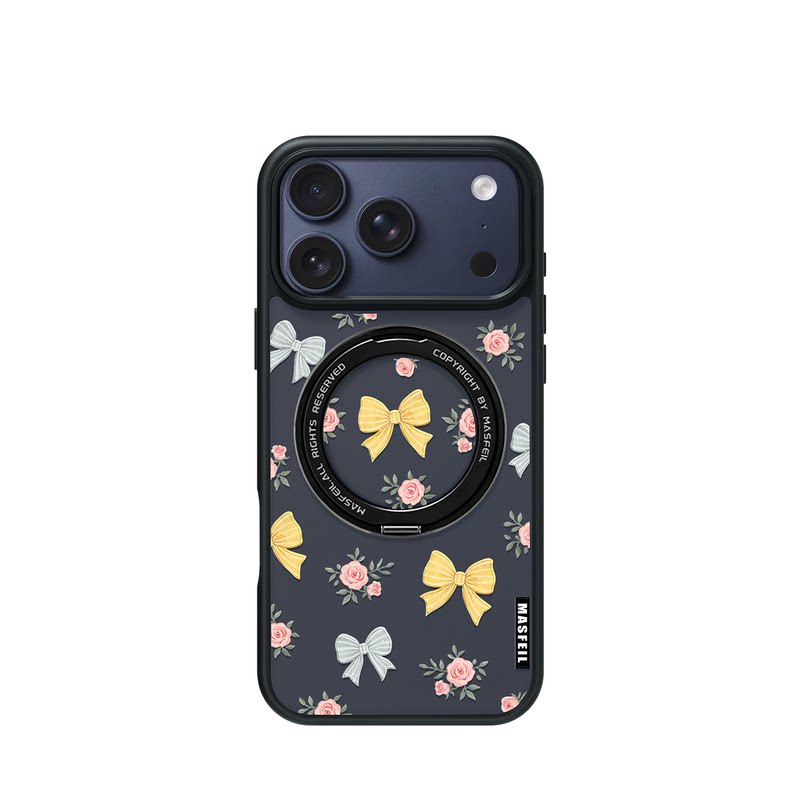 MASFEIL × 玫瑰蝶结适用苹果17promax手机壳iPhone18pro新款磁吸带支架ip16全包Fo5支点高级感15好看潮牌女