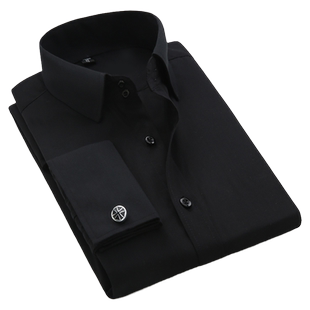 法式衬衫男长袖春商务高领正装结婚礼服袖钉修身大码袖扣黑色衬衣