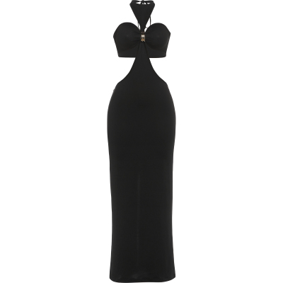 挖腰大露背设计开叉挂脖连衣裙女