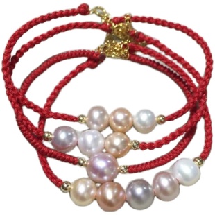 天然淡水珍珠手链手工编红绳手串近圆强光微瑕新年转运珠手绳手环