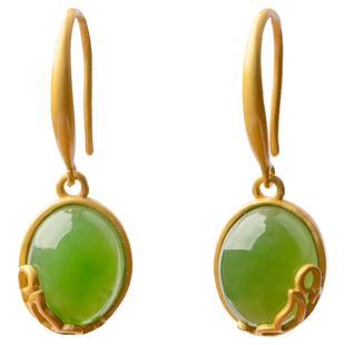 一念比翼双飞纯银古法金镶和田碧玉耳环女复古气质耳钉耳坠耳饰