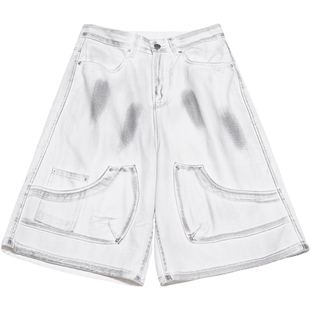 STILLYOU个性街头做旧脏洗灰白色牛仔中裤宽松直筒工装六分裤短裤
