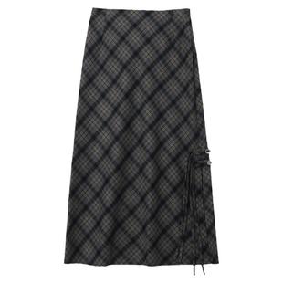 CV大码女装 秋季新款甜酷风高腰开叉格纹半身裙直筒裙长裙胖MM女