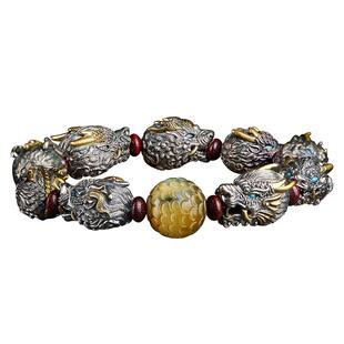 龙生九子手串男盘玩复古文玩龙鳞虎眼石珠男士手链高级感纯银雕刻