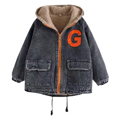 女童牛仔加绒外套童装秋冬羊羔绒