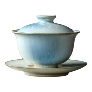 松针三才盖碗景德镇纯手工窑变釉茶具极光海蓝140ml大号泡茶盖碗