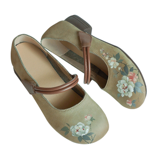 2025春夏百搭真皮鞋配裙子手绘花复古风女士头层牛皮浅口粗跟女款