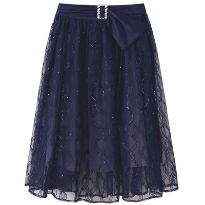藏蓝蕾丝网纱中长款半身裙