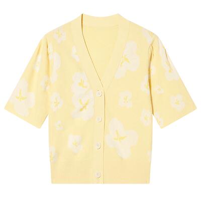 Goodland美地夏季花朵提花V领毛针织衫短袖上衣