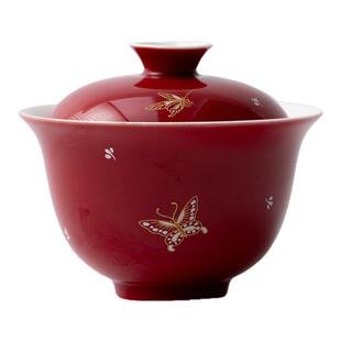 国潮烫金舞蝶陶瓷盖碗泡茶碗功夫茶具高岭土仿烫蝴蝶豇豆红盖碗