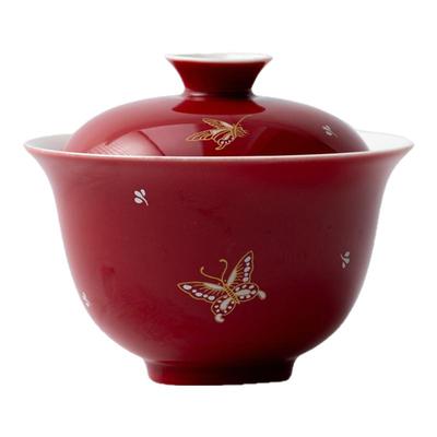 家用国潮烫金舞蝶陶瓷盖碗泡茶碗