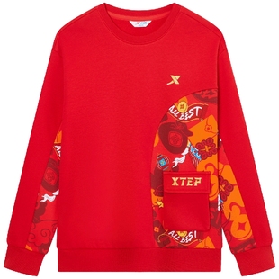 福燈贺岁特步童装男童马年加绒红色卫衣儿童2026新年本命年上衣服