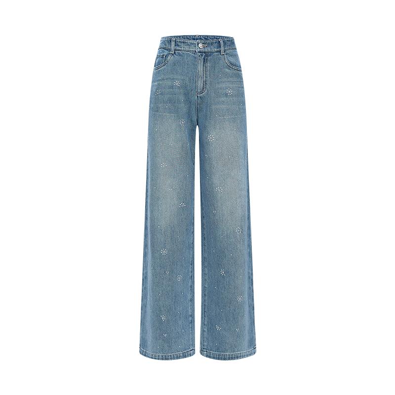 LILY2026夏新款女装含莱赛尔幸运花烫珠休闲通勤牛仔裤直筒阔腿裤