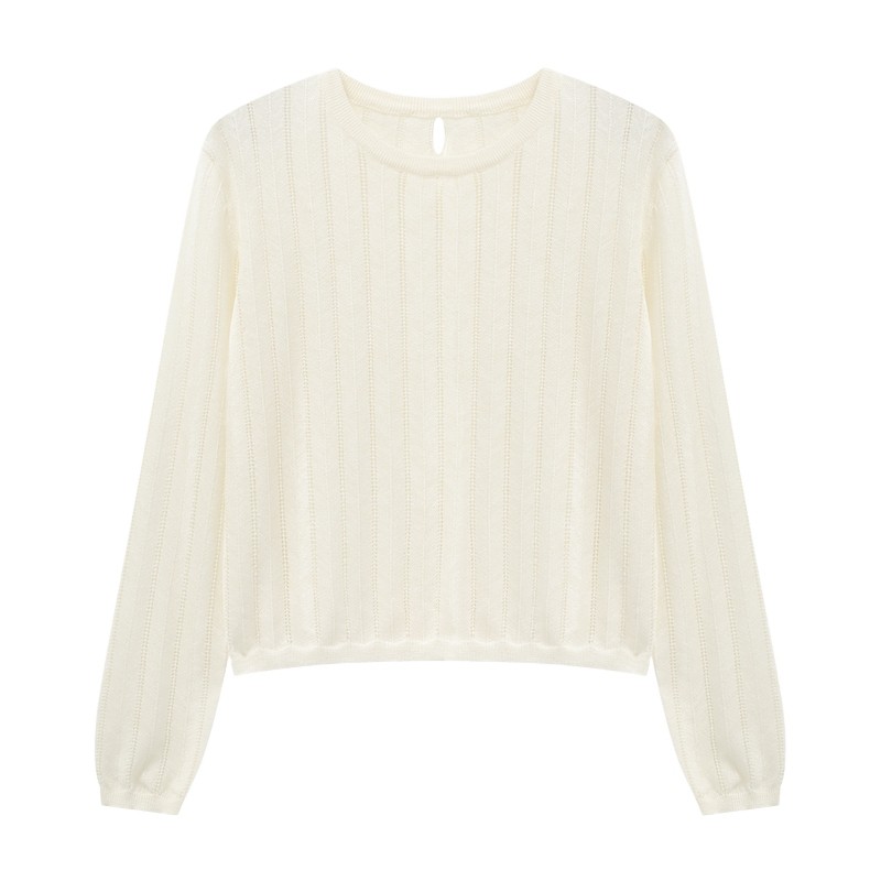 百家好杏色镂空坑条针织衫女士春季新款流行圆领短款休闲套头上衣